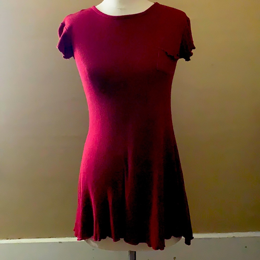 Burgundy waffle-knit lettuce edge mini dress